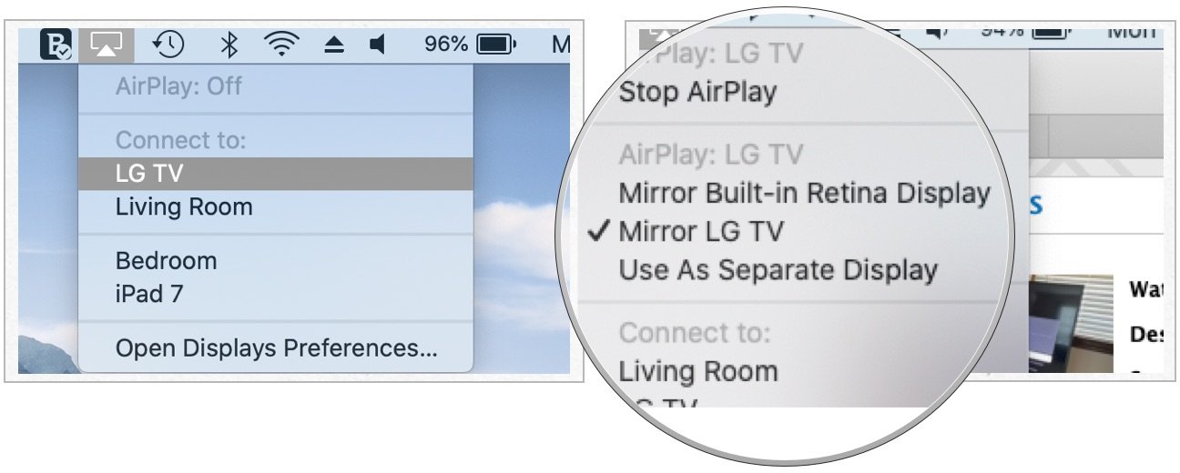 To mirror or extend your Mac, click the AirPlay icon, choose your smart TV, enter the AirPlay password. 