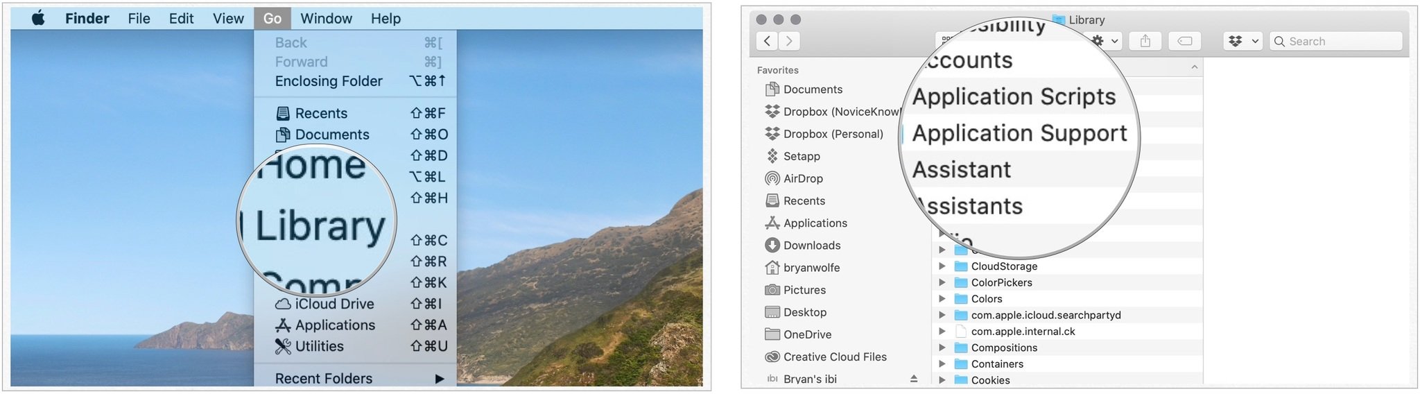 Чтобы сбросить Launchpad на Mac, перейдите в Finder на Mac, затем, удерживая клавишу Option, щелкните меню «Перейти».  Выберите «Библиотека», затем откройте папку «Поддержка приложений».