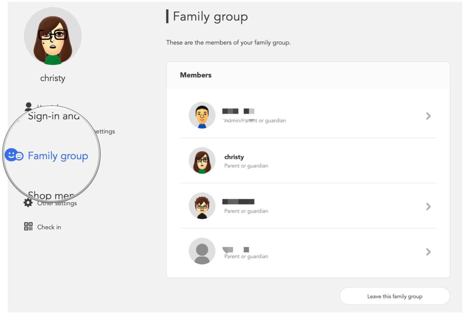 Click on Family group in the side menu