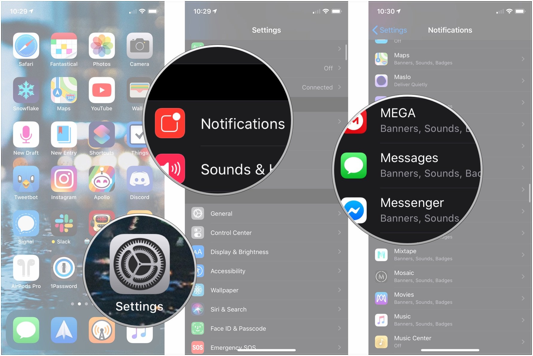 How to manage notifications for the Lock screen: Open Settings, tap Notifications, tap app