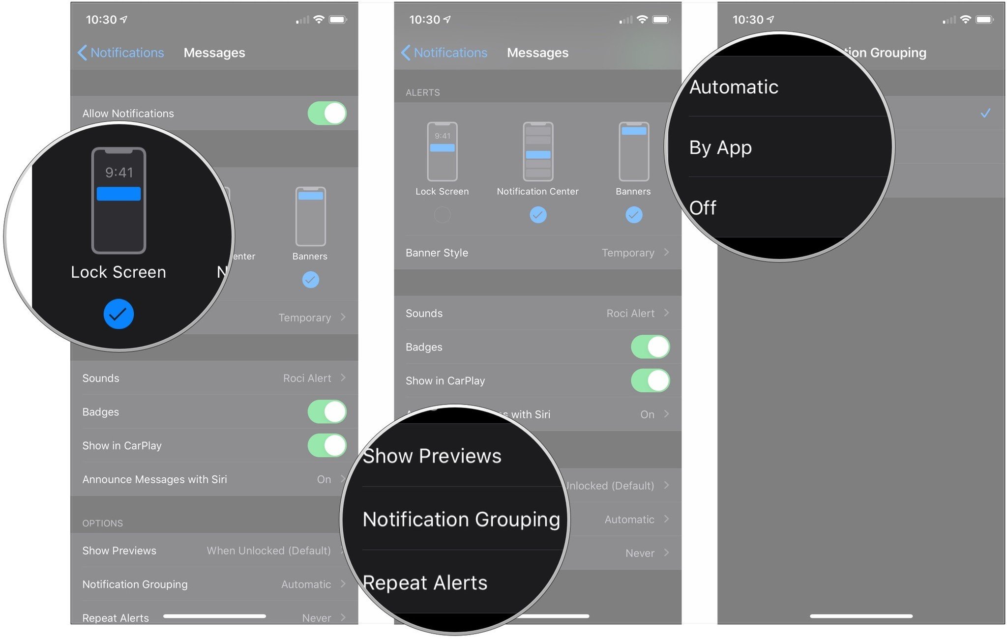 How to manage notifications for the Lock screen: Tap Lock Screen, tap Notification Grouping, tap Automatic, By App, or Off