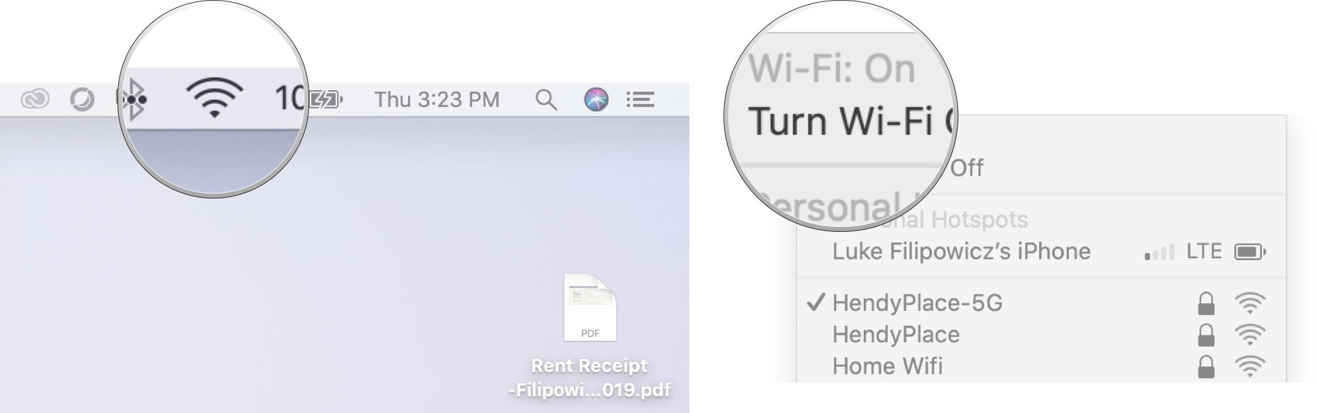 Turn on Wi-Fi on Mac: Click the Wi-Fi symbol from the Menubar and then click turn Wi-Fi off