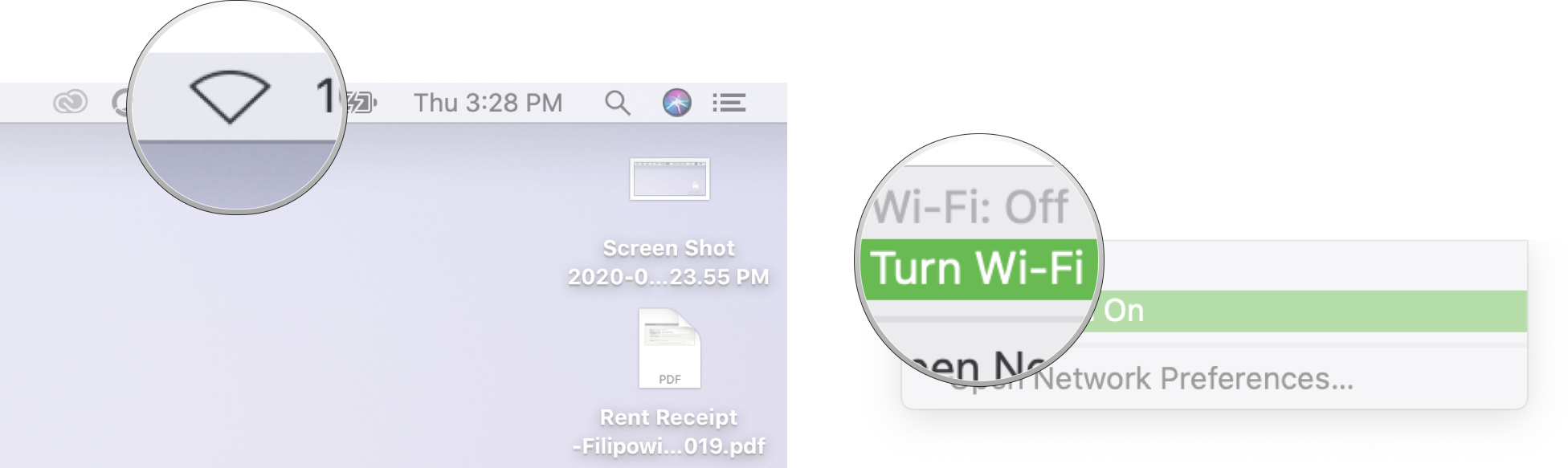 Turn on Wi-Fi on Mac: Click the Wi-Fi symbol in the Menubar and then click turn Wi-Fi on