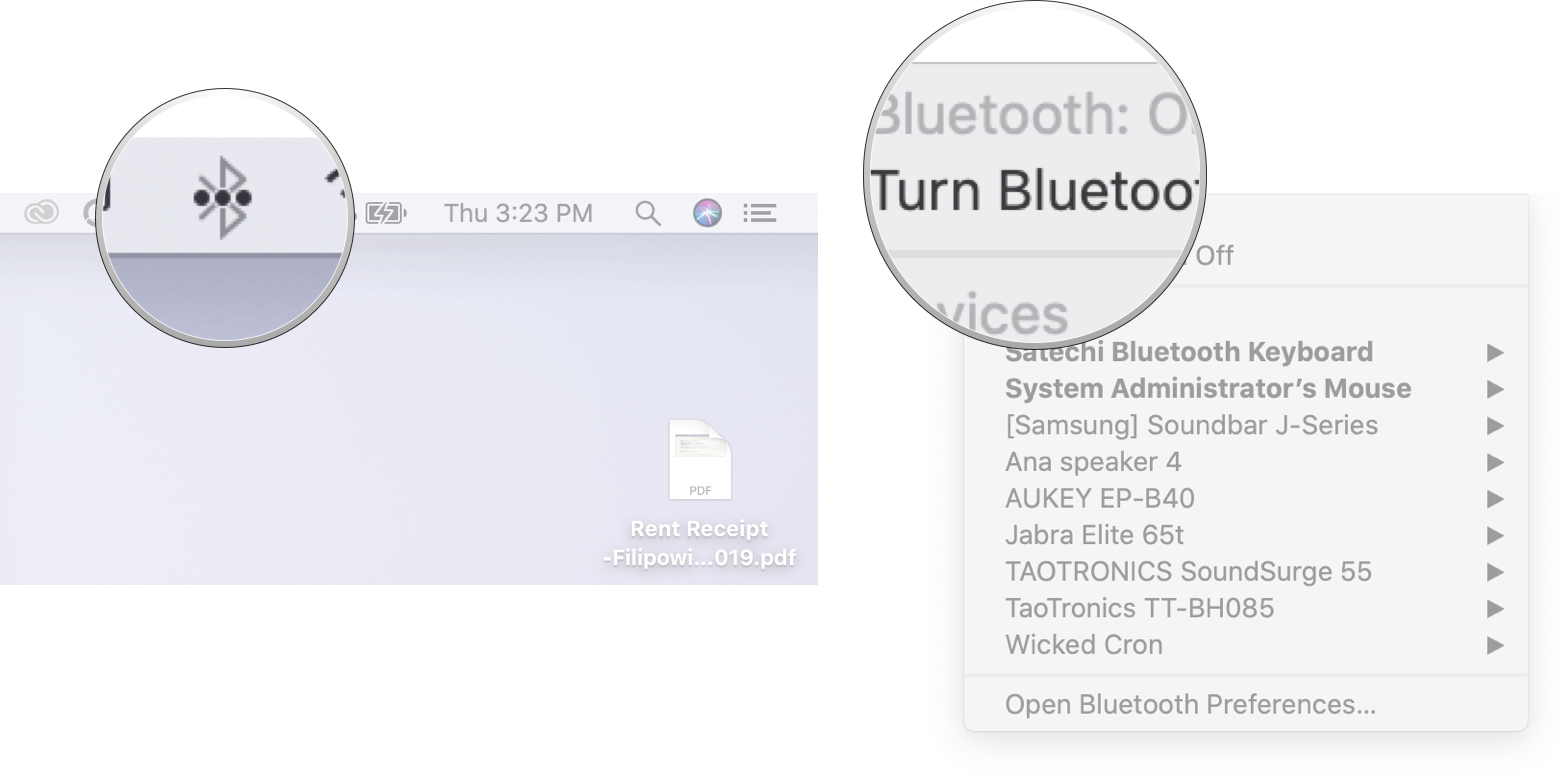 Turn on Bluetooth on Mac: Click the Bluetooth symbol from the Menubar and then click turn Bluetooth off