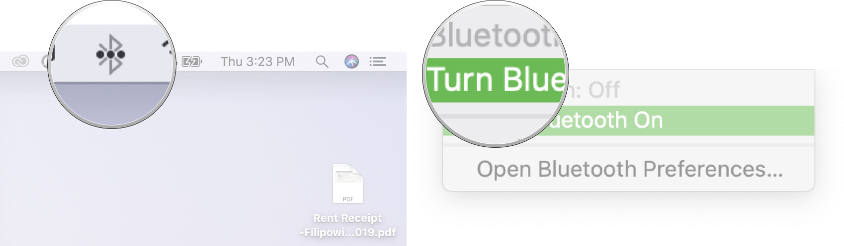 Turn on Bluetooth on Mac: Click the Bluetooth symbol in the Menubar and then click turn Bluetooth on
