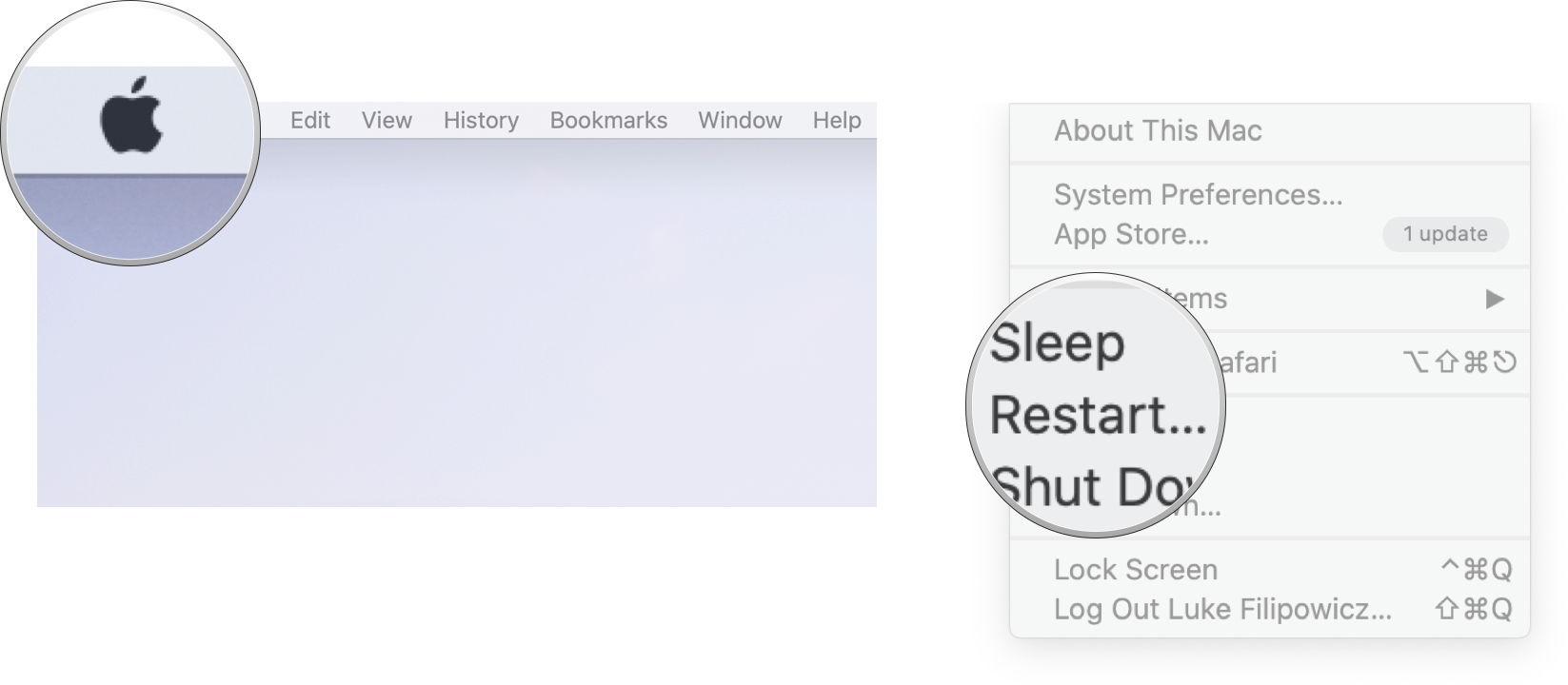 Restart on macOS Catalina: Click on the Apple icon in the Menubar and then click Restart, 
