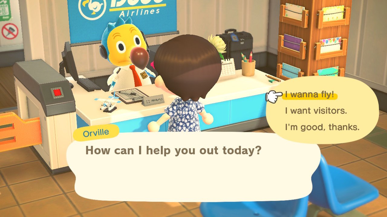 Animal Crossing New Horizons player telling Orville that they want to fly to another island