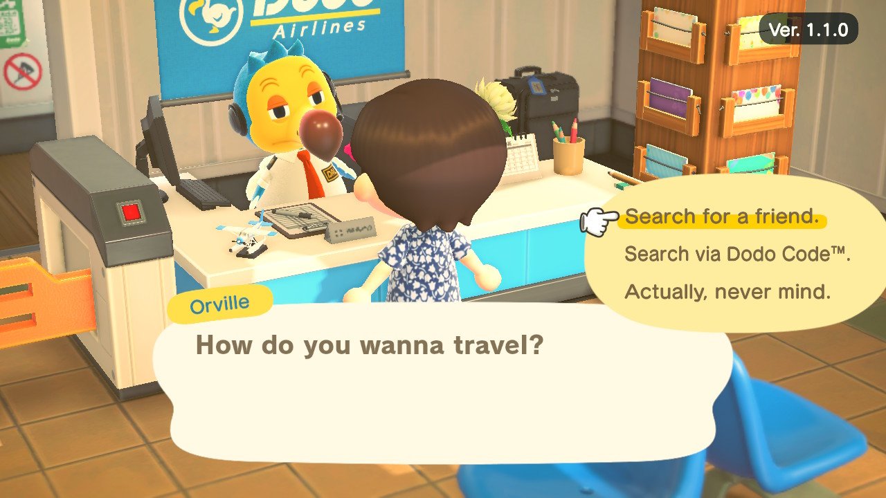 Animal Crossing New Horizons player selecting the option to search for a friend in order to travel