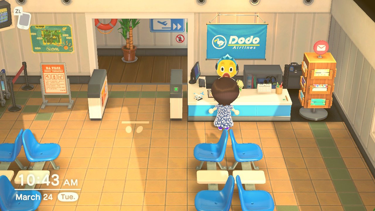 Animal Crossing New Horizons player standing in front of Orville at the airport