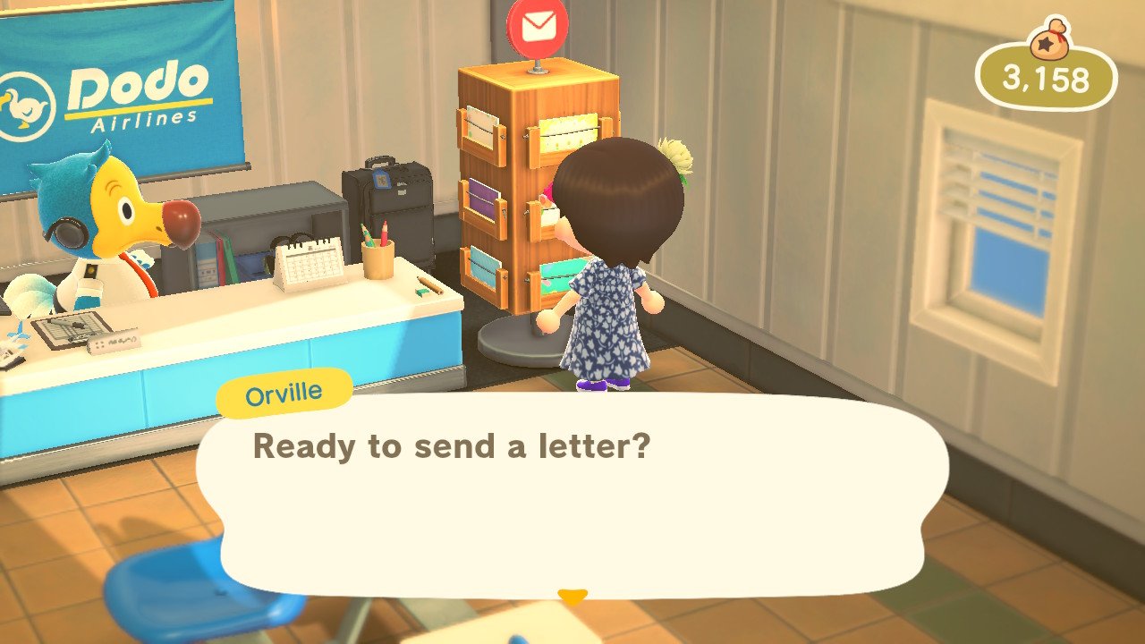 Animal Crossing New Horizons player interacting with card stand next to Orville's desk