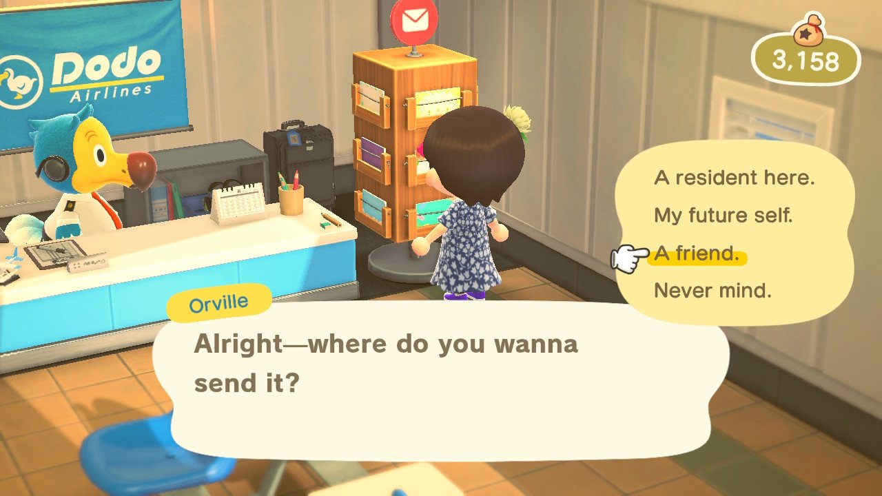 Animal Crossing New Horizons player indicating that they want to send a card to a friend