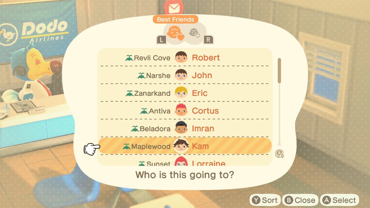 Animal Crossing New Horizons player choosing which friend to send a card to 