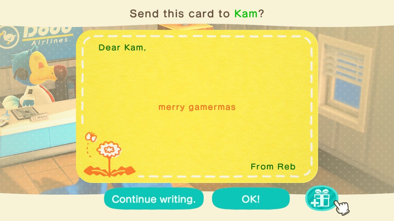 Animal Crossing New Horizons player selecting the gift icon in order to attach a present to the card