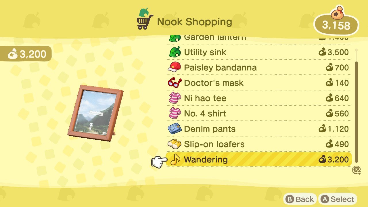 Animal Crossing New Horizons player selecting an item from the Nook Shopping catelog