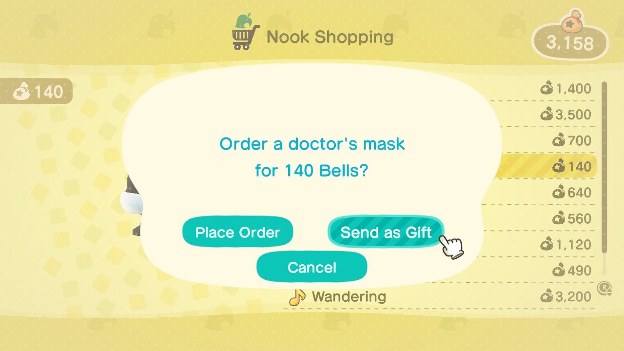Animal Crossing New Horizons player indicating they want to send something from the catelog to a friend as a gift. 