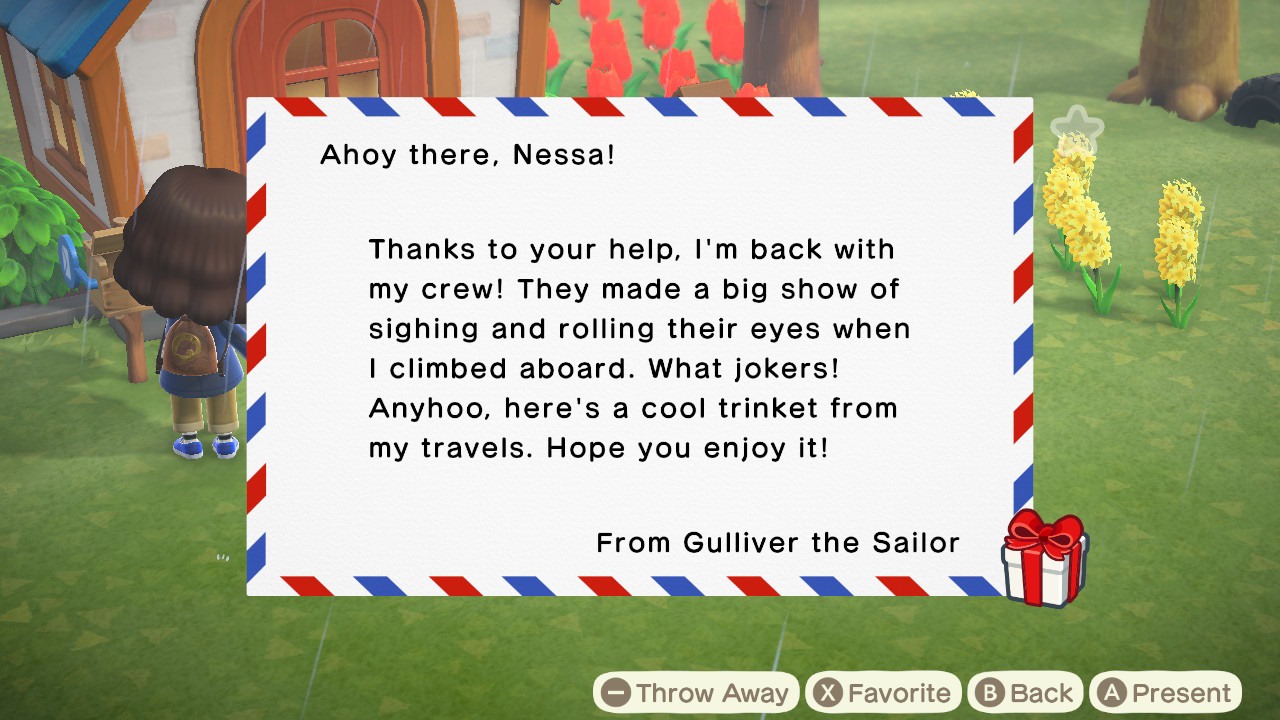 Animal Crossing New Horizons Gulliver Thanks