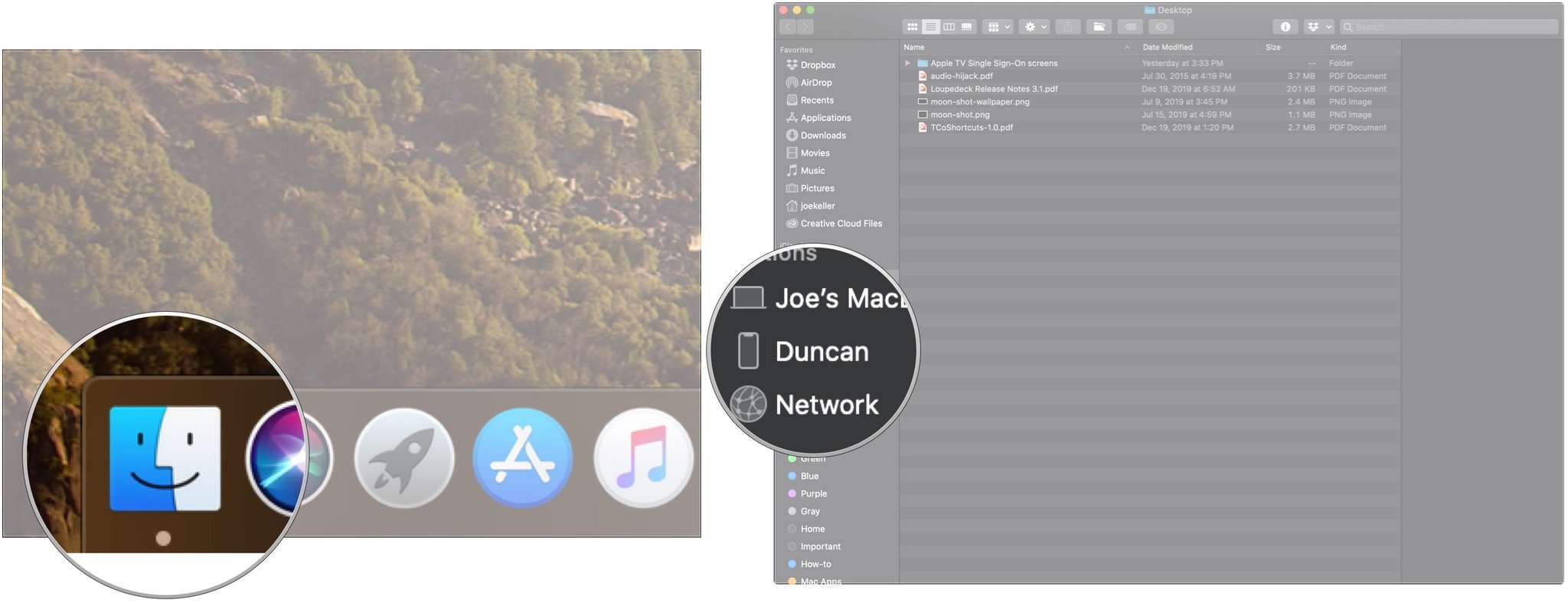 Резервное копирование iPhone или iPad на macOS Catalina показывает, как щелкнуть значок Finder, чтобы открыть окно Finder, и щелкнуть свое устройство на боковой панели