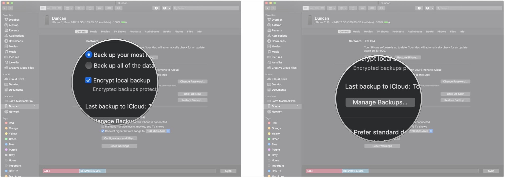 Резервное копирование iPhone или iPad на macOS Catalina показывает, как установить флажок шифрования и нажать кнопку «Управление резервными копиями ...», чтобы просмотреть все свои резервные копии.