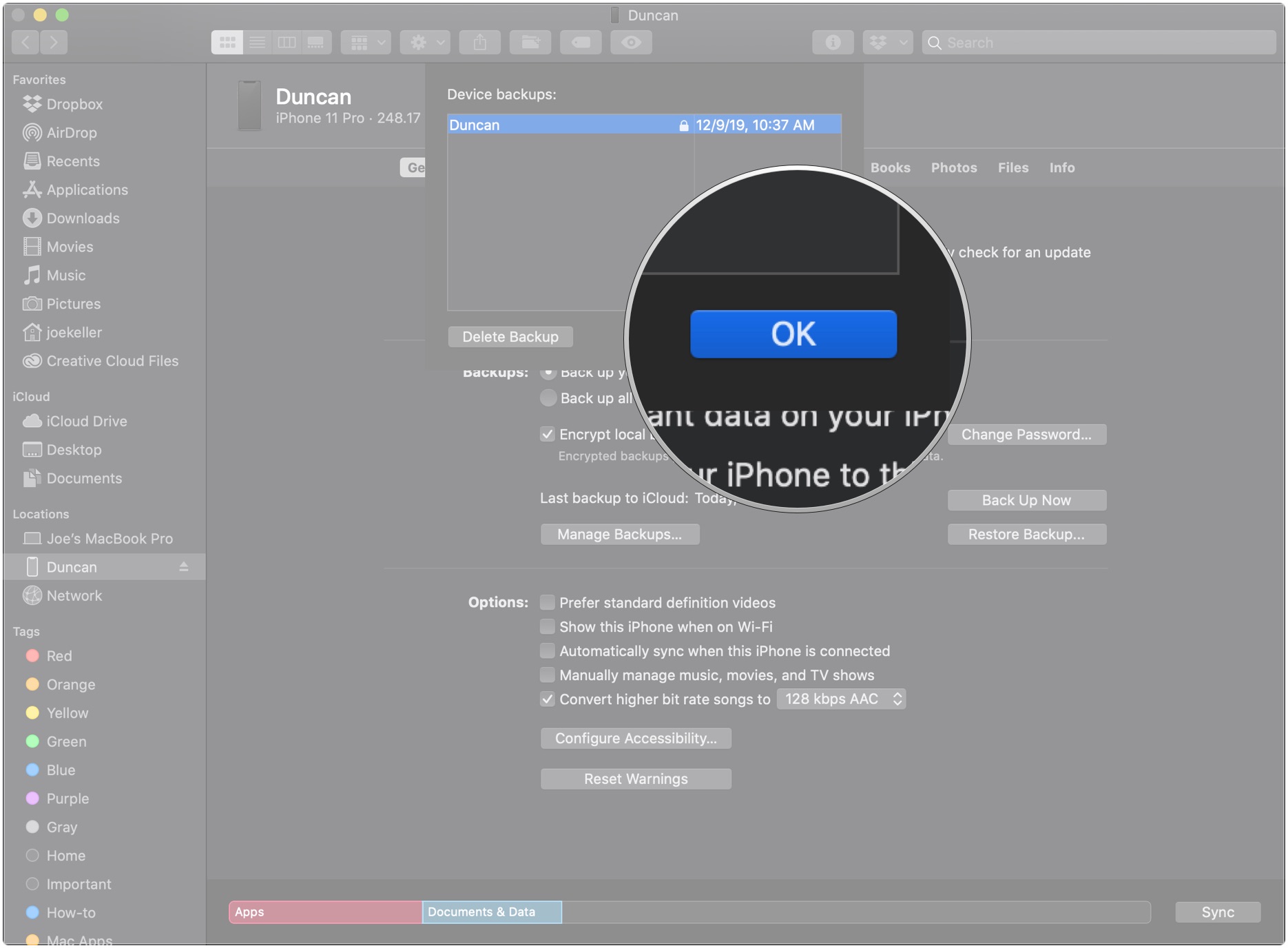 Резервное копирование iPhone или iPad на macOS Catalina показывает, как нажать OK, чтобы удалить резервную копию iPhone или iPad