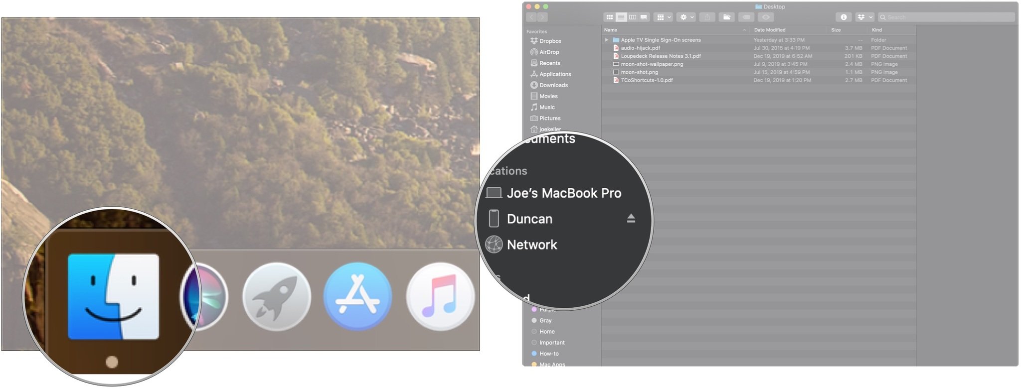 Back up your iPhone on macOS Catalina, showing how to click Finder, then click device