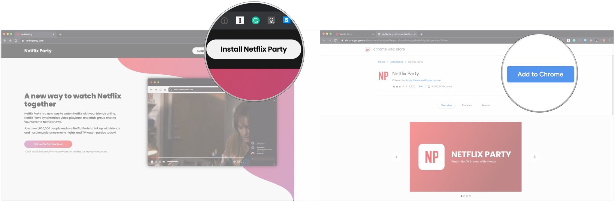 Click Install Netflix Party, click Add to Chrome