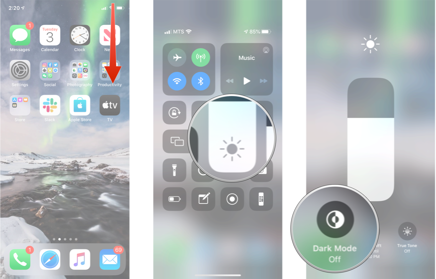 Open Control Center, press and hold the screen brightness slider, and then tap Dark Mode.