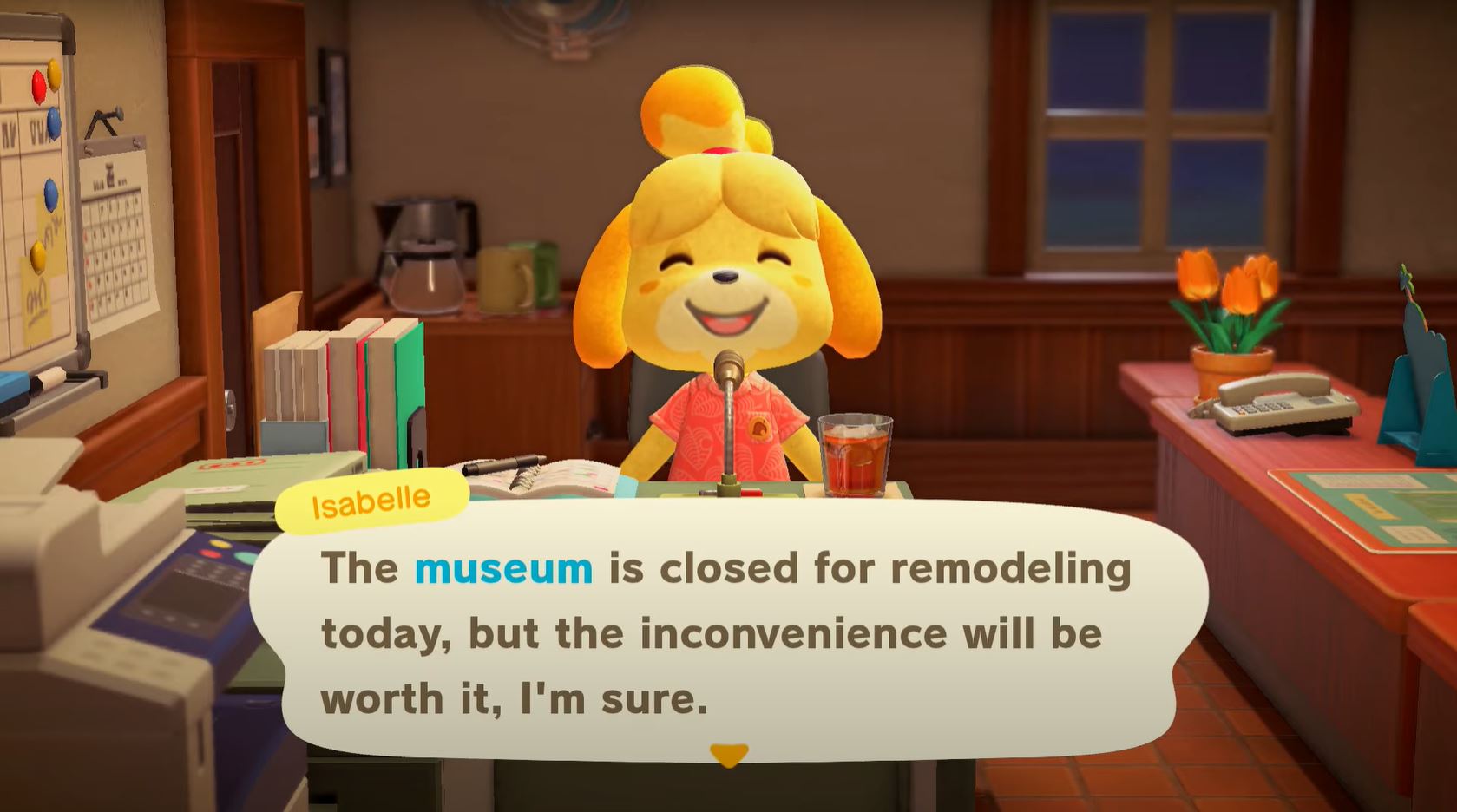 Animal Crossing: New Horizons Isabelle giving her daily announcement
