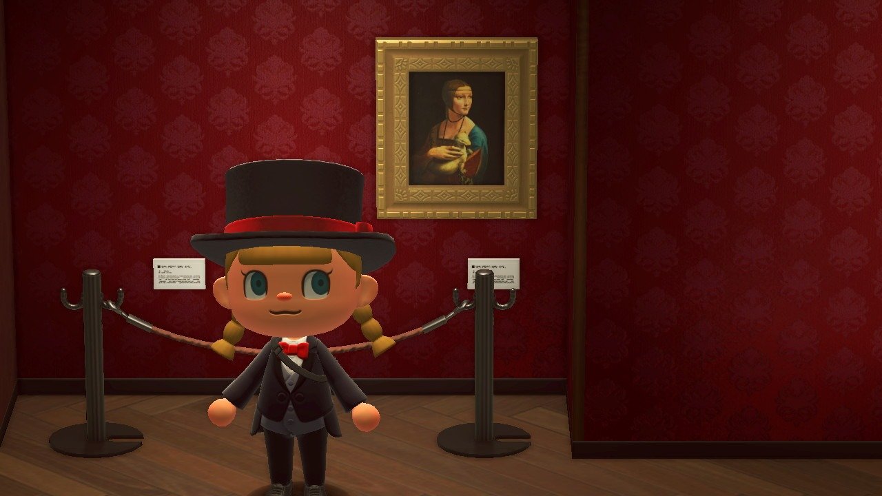 Игрок Animal Crossing в художественной галерее стоит перед картиной