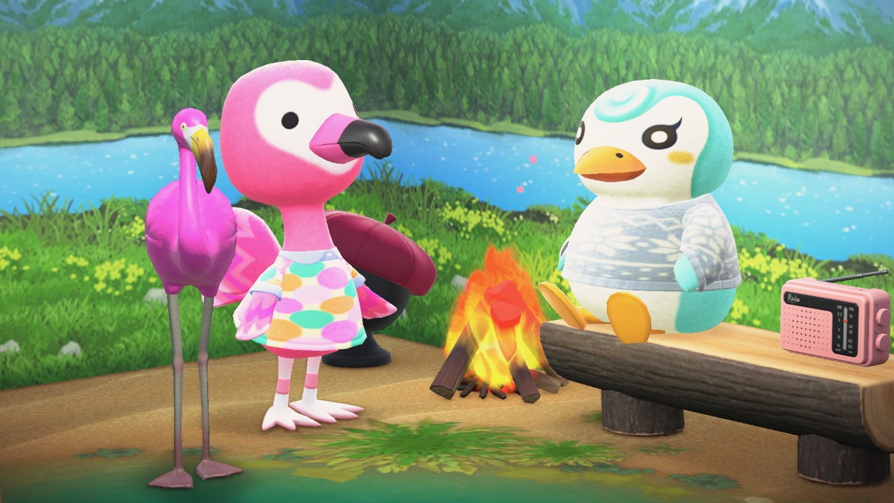 Acnh Villagers: Flora the pink ostrich and Sprinkle the blue penguin