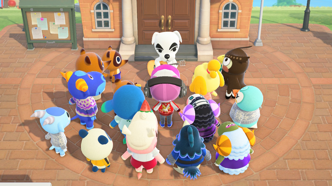Animal Crossing New Horizons villagers circling around KK Slider at Resident Services plaza