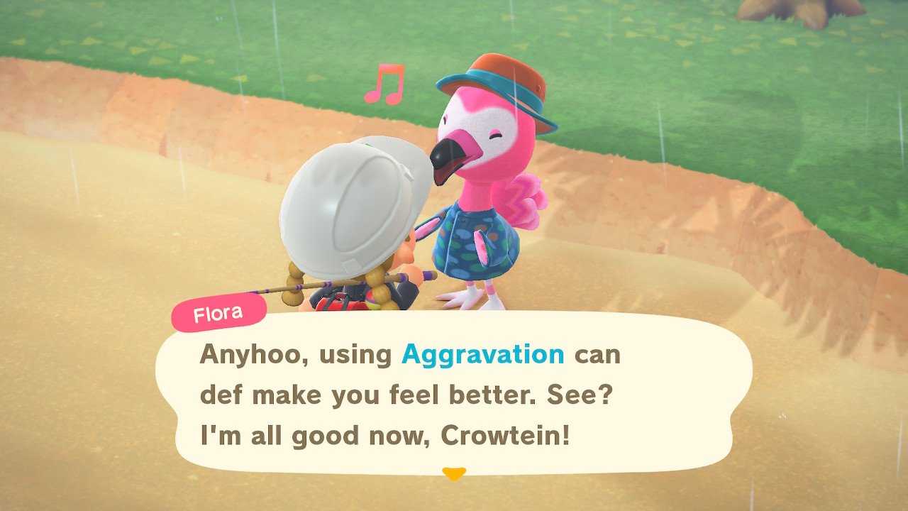 Animal Crossing New Horizons Flora teaching the player Aggravation Reaction