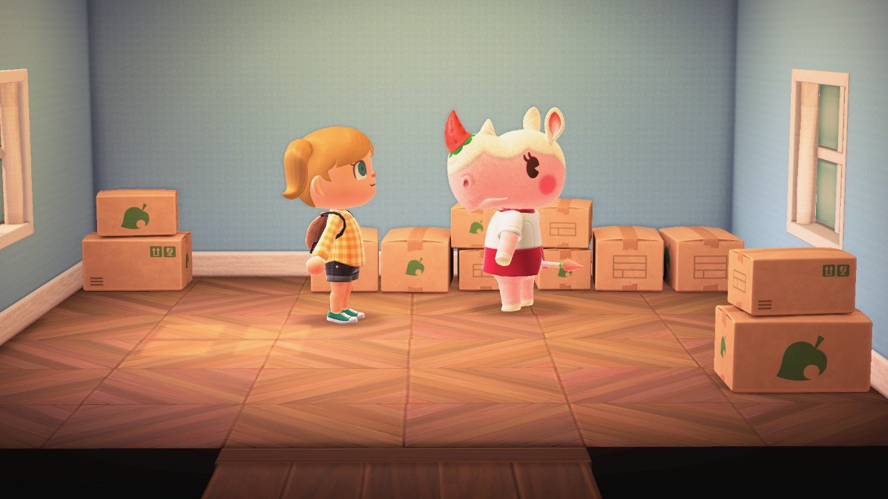 Animal Crossing New Horizons villager moving out with boxes in their house