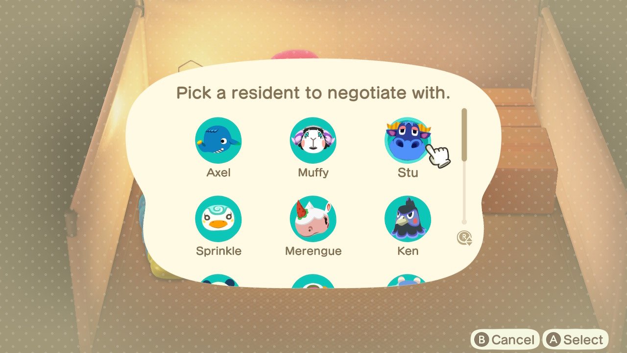Animal Crossing New Horizons Villagers: Choose one of your villagers that you want to remove from the menu that pops up