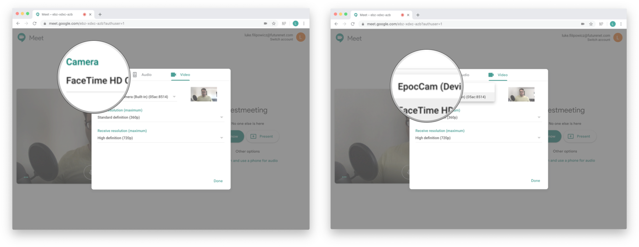 Changing camera settings in Google Meet: Click on the camera and the click on the EpocCam. 