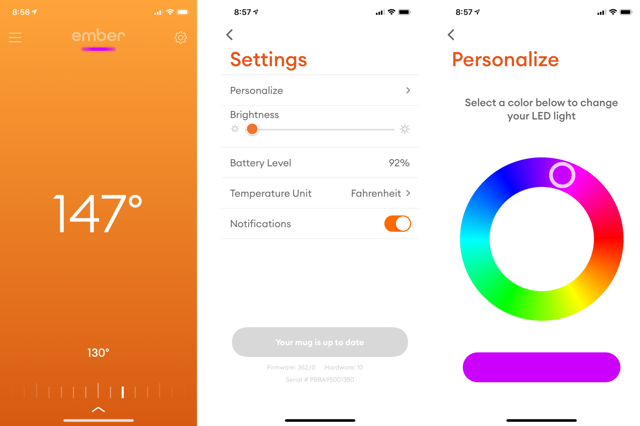 Ember App temperature display, settings, custom LED screens