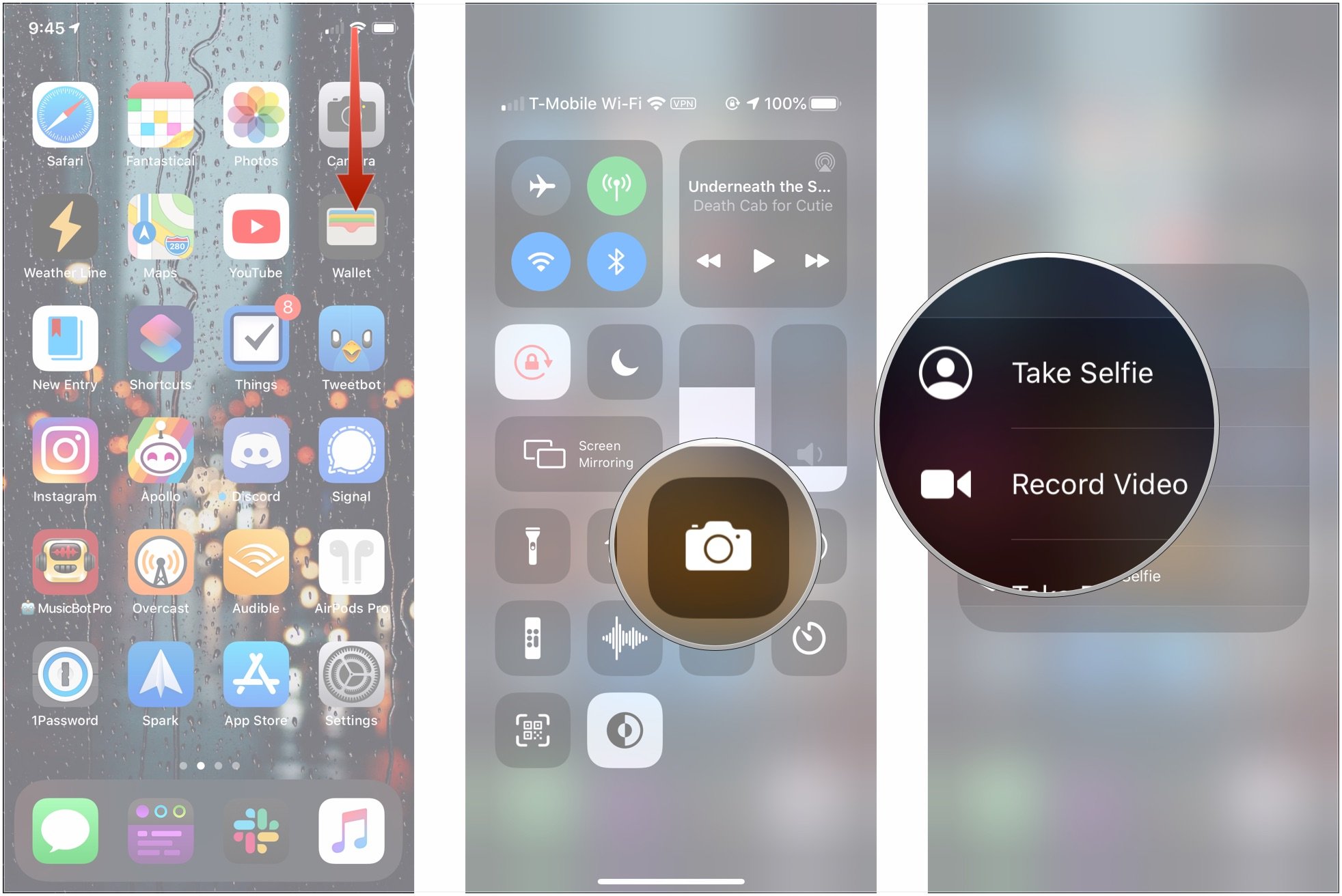 Use custom Haptic Touch controls in Control Center, showing how to open Control Center, long press control, then tap an option