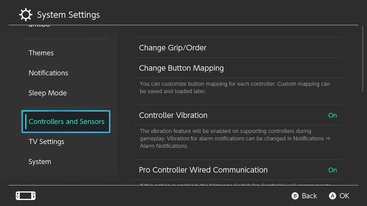 How to remap Switch controller buttons step two: scroll down to Controllers and Sensors