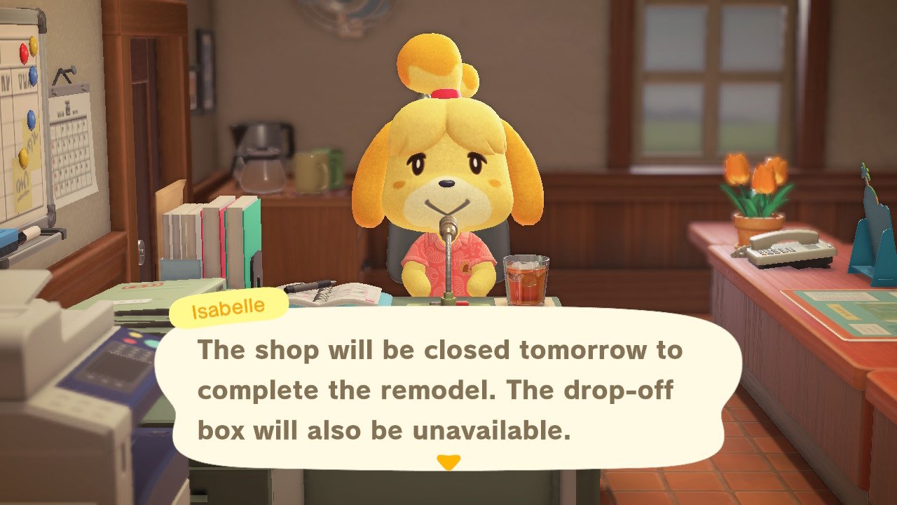 Isabelle giving an announcement that Nook's Cranny will go under construction