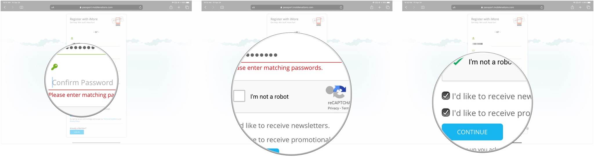 Sign up for iMore showing how to enter your password a second time to confirm it, then perform the reCAPATCHA process, then click on the checkboxes