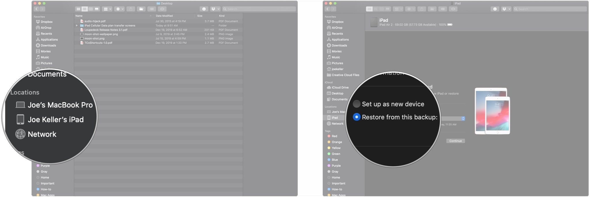 Transférez des données vers un nouvel iPad à l'aide de Mac pour restaurer en affichant les étapes : cliquez sur iPad, cliquez sur le bouton