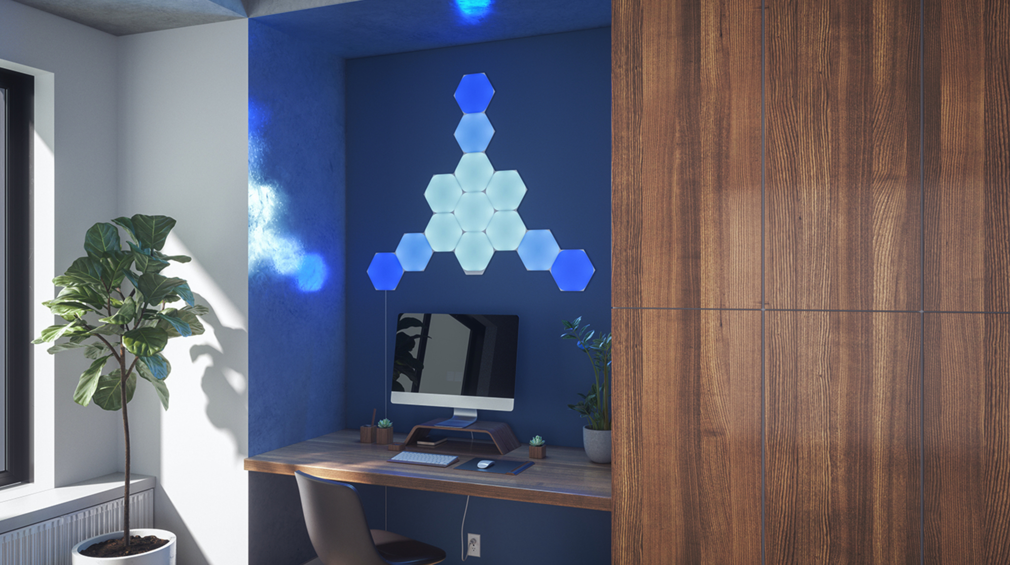 Nanoleaf Hexagons installed above a desk