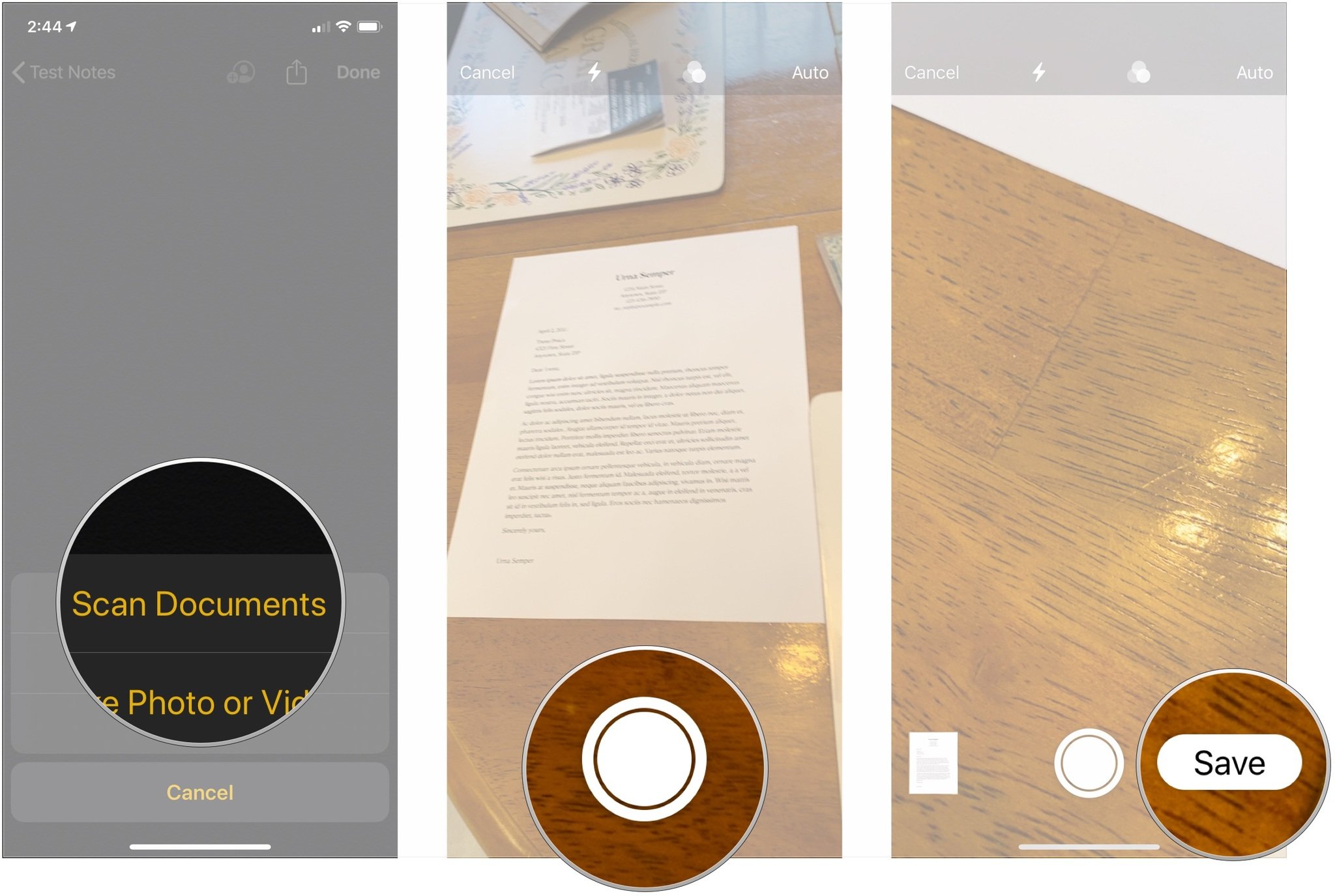 How to scan documents, showing how to tap Scan Documents, tap the shutter button, then tap Save