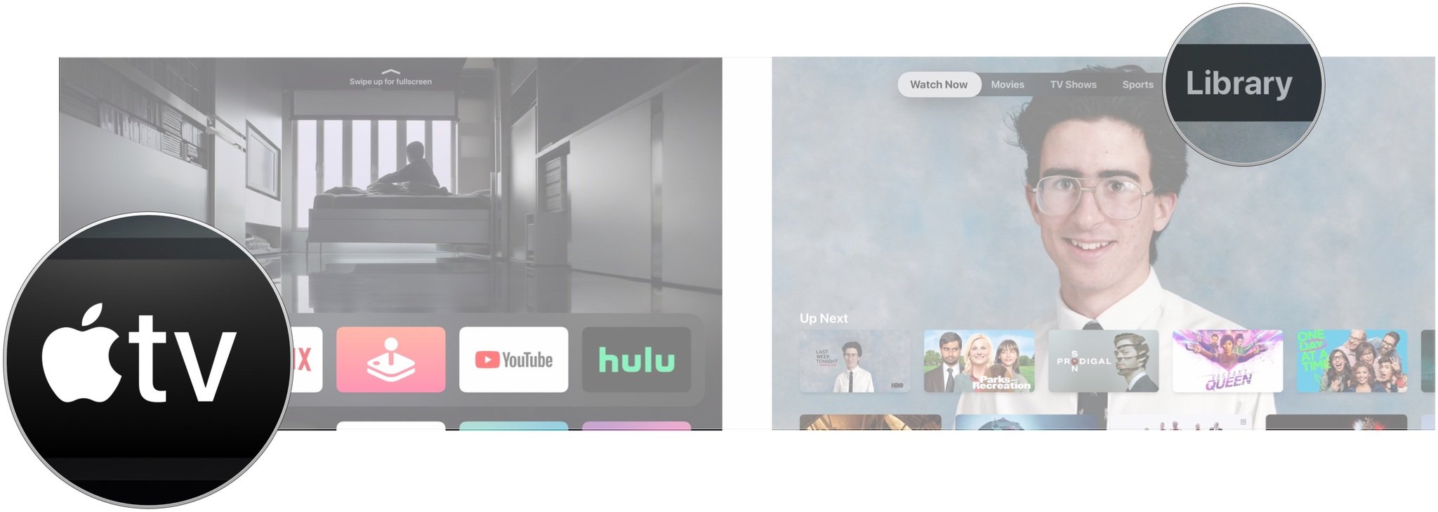 Воспроизведение видео из библиотеки на Apple TV, показывающее, как открыть приложение TV и перейти в раздел библиотеки.