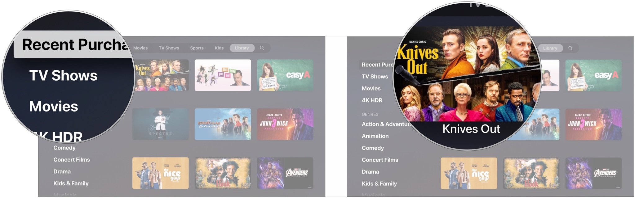 Воспроизведите iTunes Extras на Apple TV, показывающую, как выбрать категорию, например недавние или телешоу, и как щелкнуть фильм или шоу.