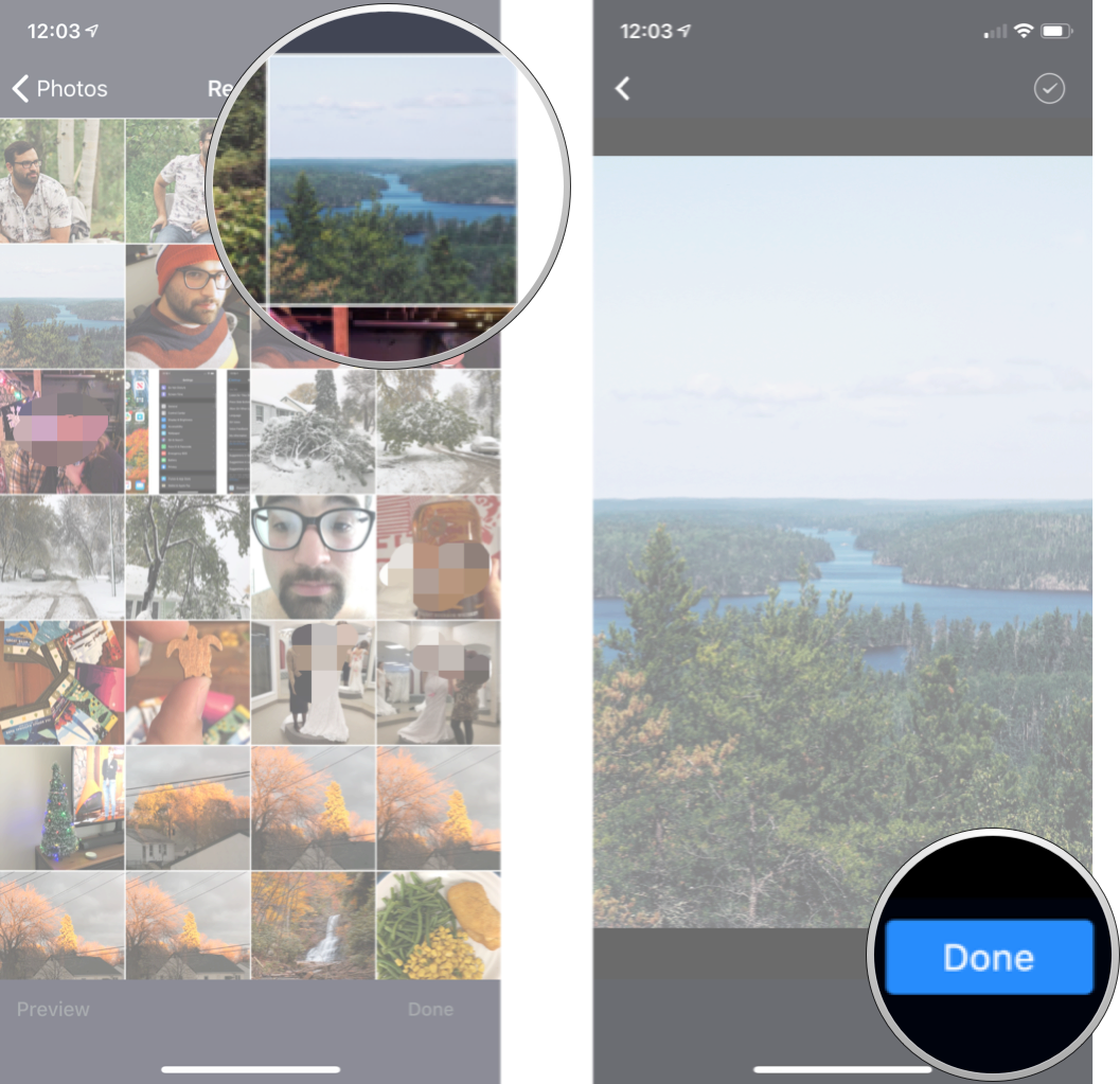 Selecting a photo for Zoom virtual backgrounds: Tap the photo you want and then tap done.