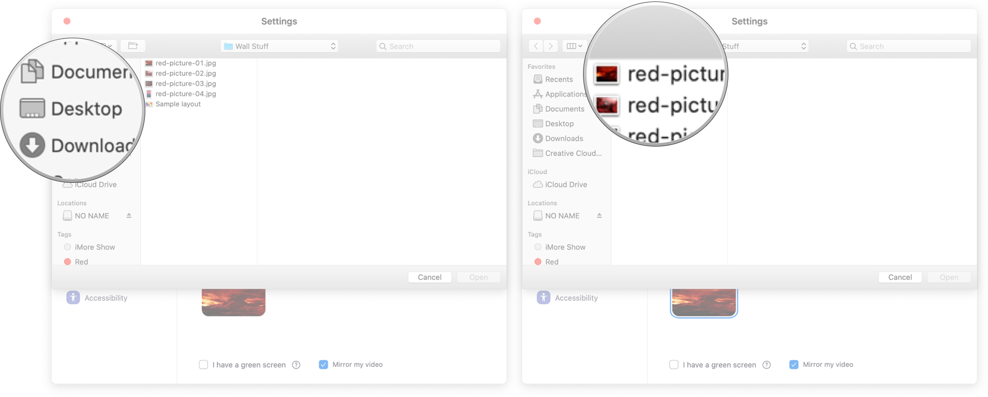 Using finder to find a photo in Zoom and selecting a photo: Fidn the photo you want to use and then double-click the photo.