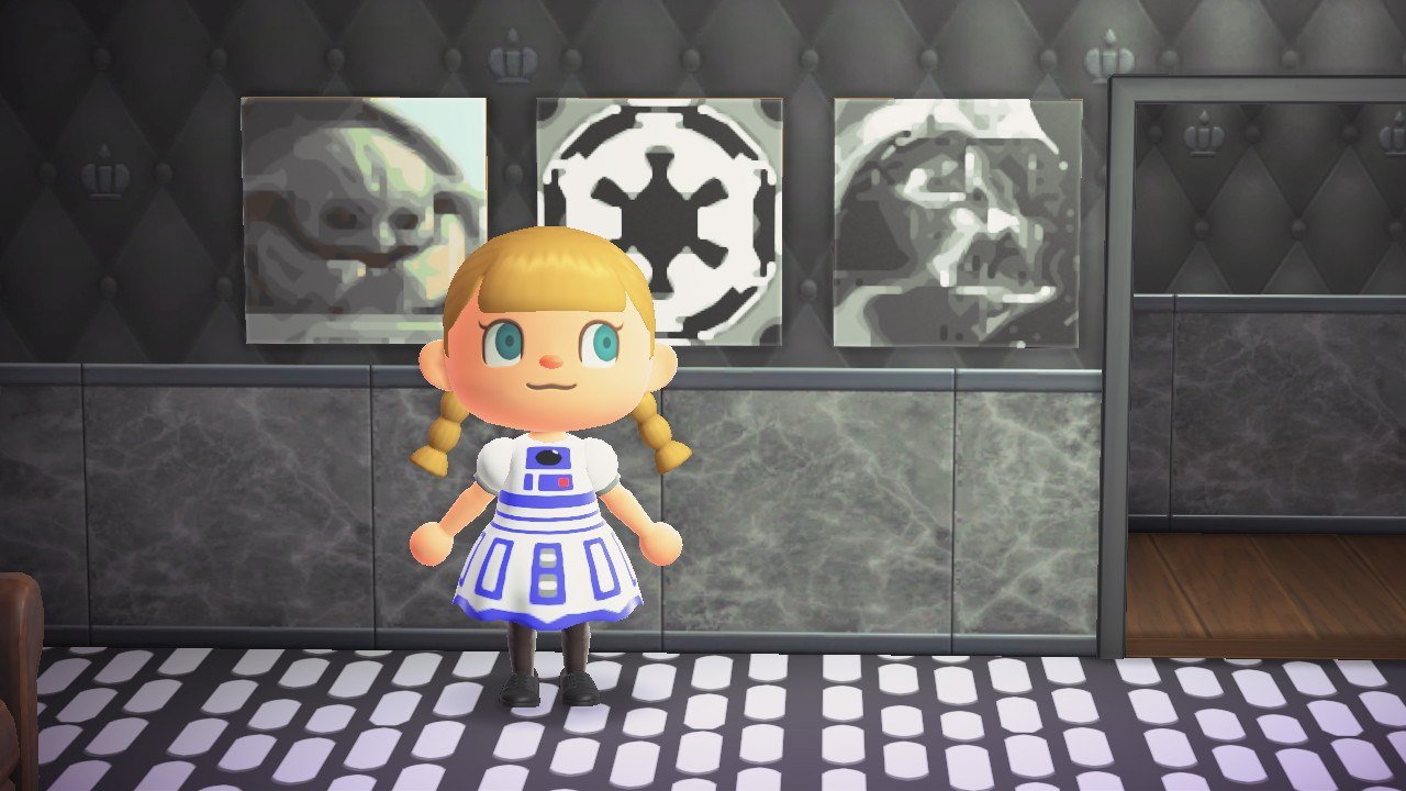 Acnh Best Qr Codes player standing in front of Star Wars posters