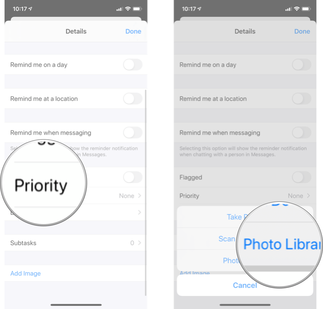 Add Image to a Reminder: Tap image and then tap take photo, scan document, or photo library.