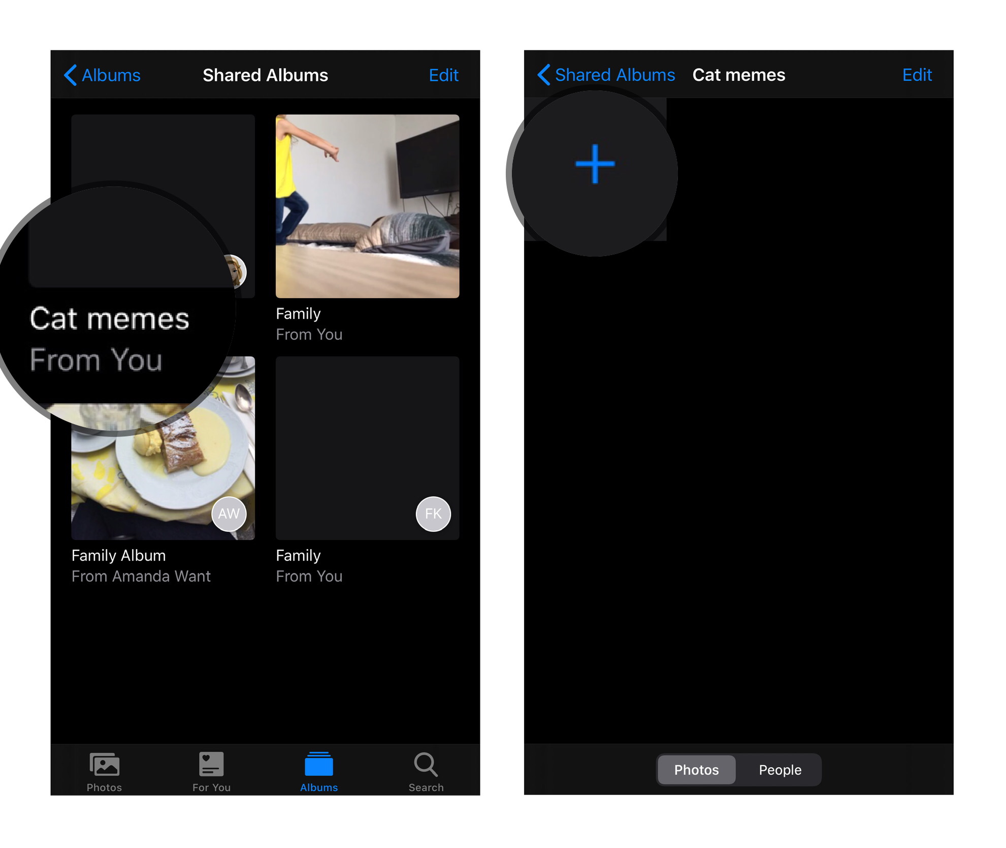 Add images and video to a Shared Photo Album on iPhone and iPad by showing steps: Tap album, press plus button