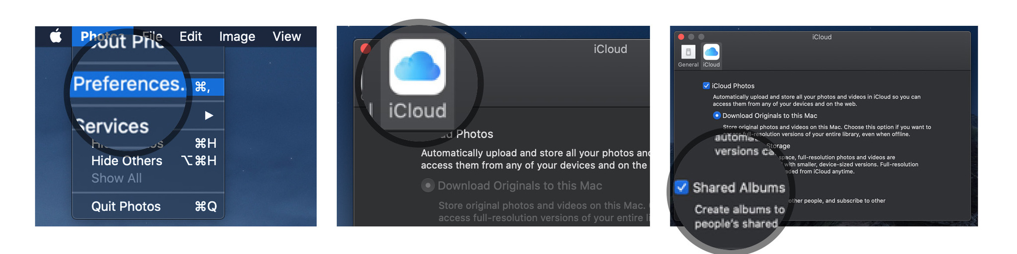 Включите «Фото iCloud» на Mac, показывая шаги. Запустите приложение «Фото» на своем Mac, выберите «Фото» в меню приложения в верхнем левом углу, выберите «Настройки» в раскрывающемся меню, выберите вкладку iCloud, установите флажок «Фото iCloud», установите флажок коробка для общих альбомов.